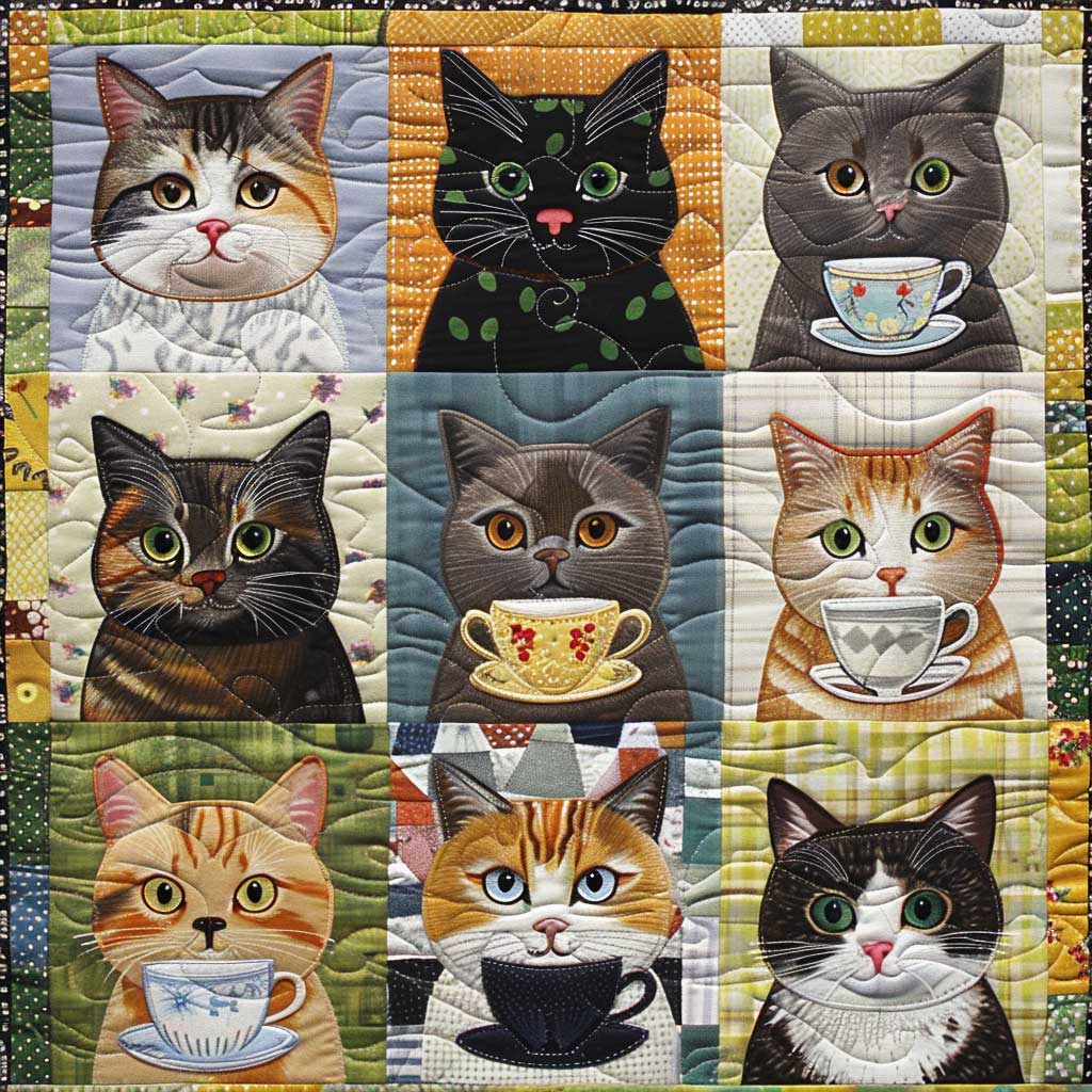 9 Cats And Coffee Cups XR2008013CL Quilt Blanket