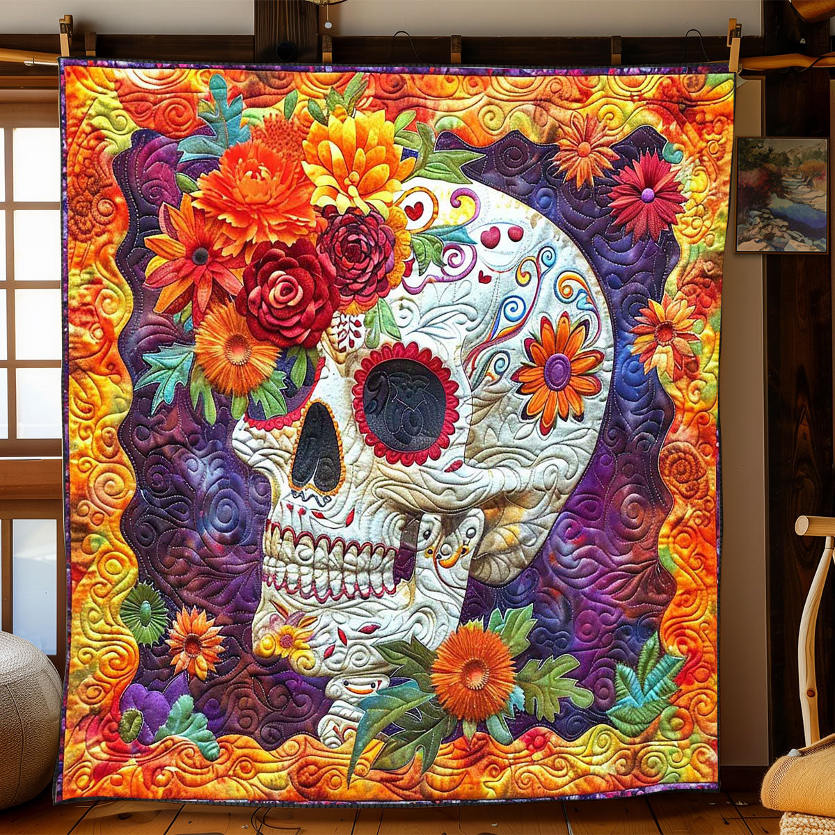 Sugar Skull Marigold WP1008024CL Quilt Blanket