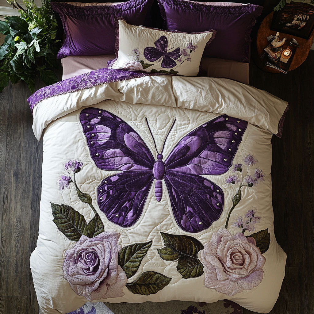 Purple Butterfly WX2402030CL Quilted Bedding Set