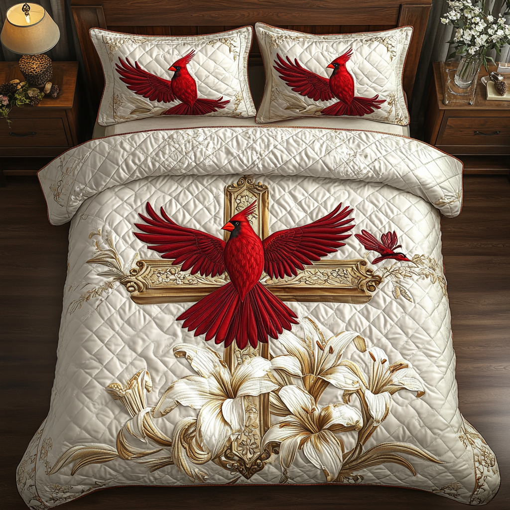 Red Cardinal And Lilies XR2202001CL Quilted Bedding Set
