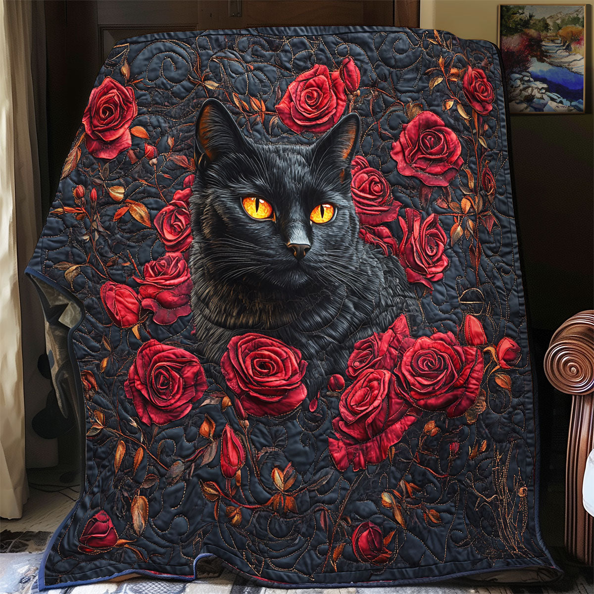 Black Cat And Roses WU2412015CL Quilt Blanket