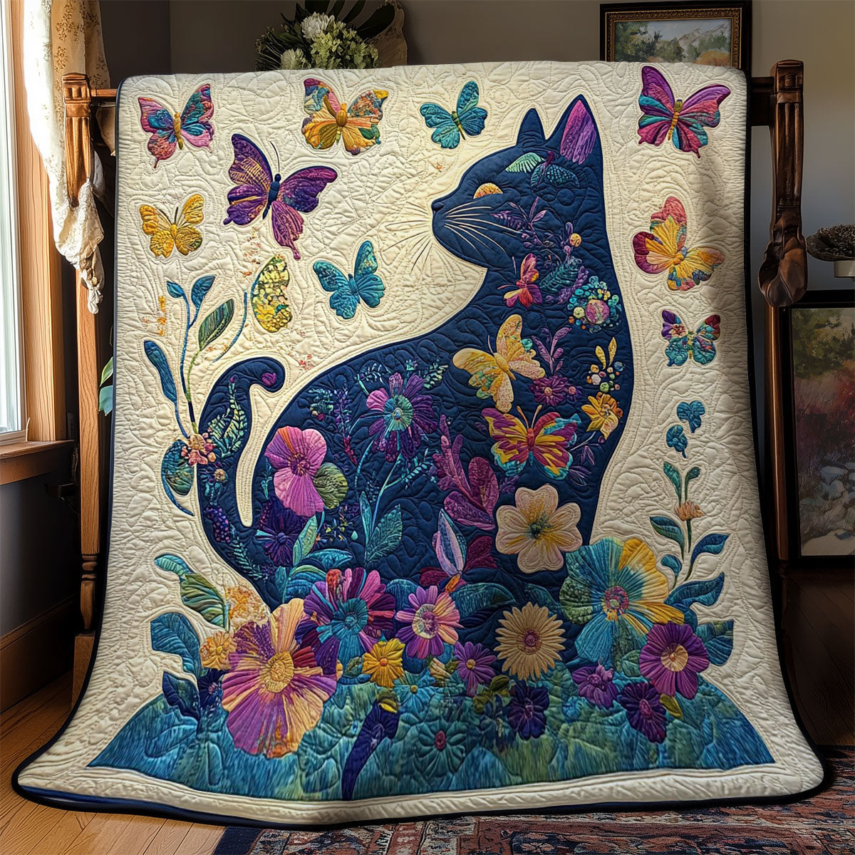 Cat In Flower Garden WY1002028CL Quilt Blanket