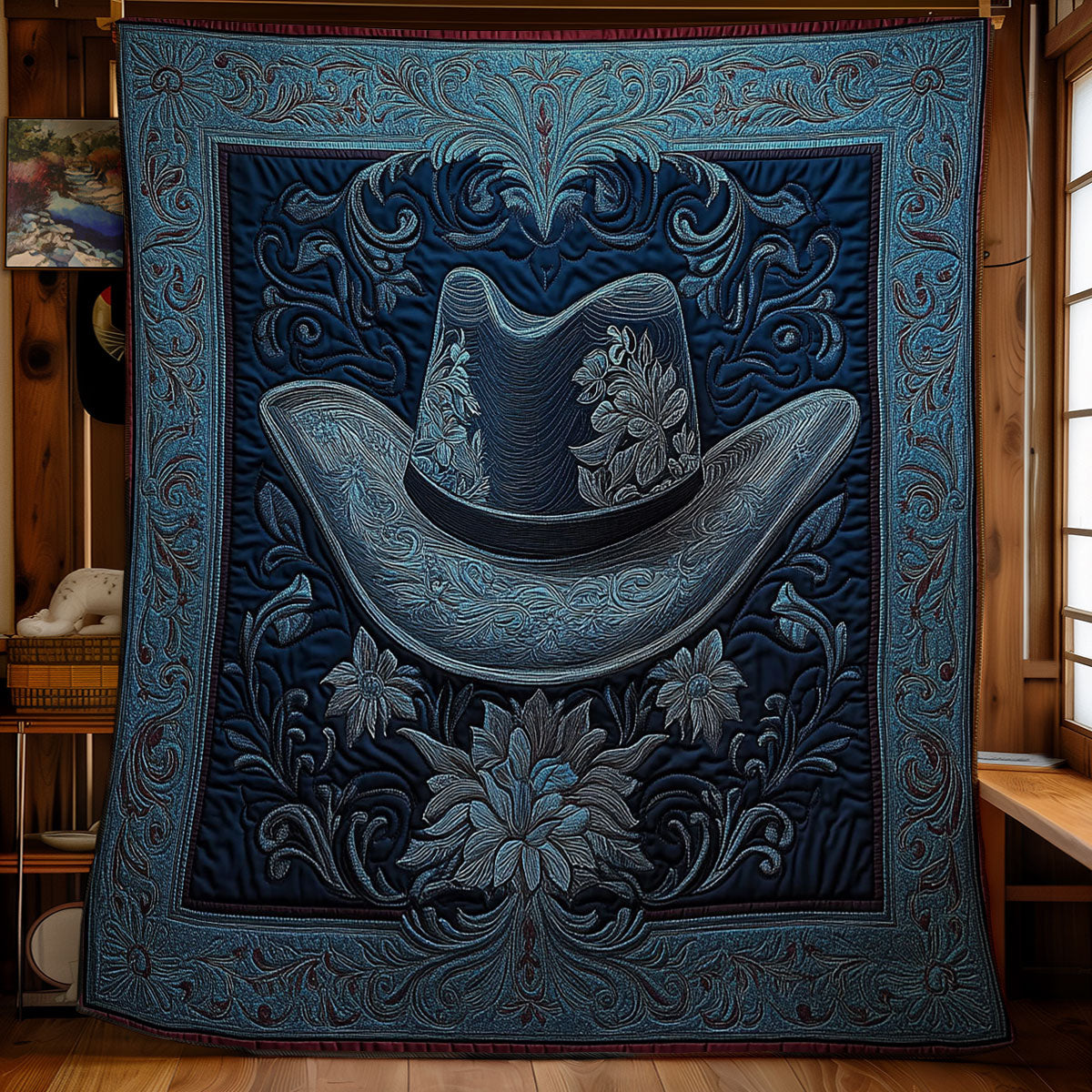 Navy Cowboy Hat WY0202041CL Quilt Blanket