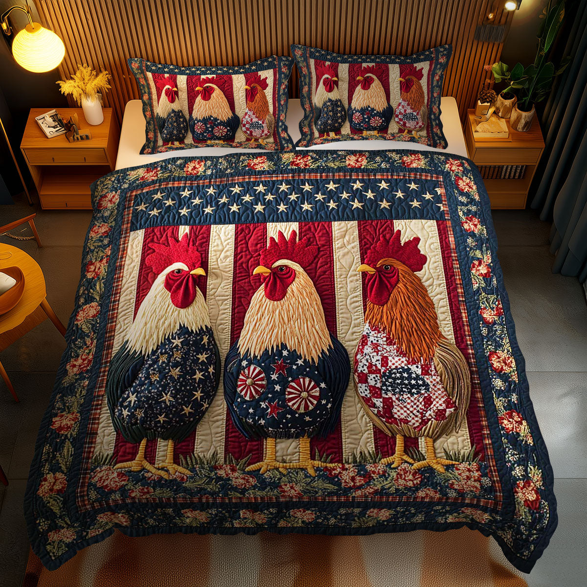 Stars And Stripes Rooster WN1002082CL Quilted Bedding Set