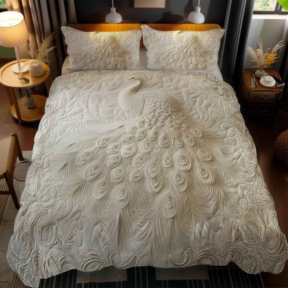 Royal White Peacock WN1002079CL Quilted Bedding Set