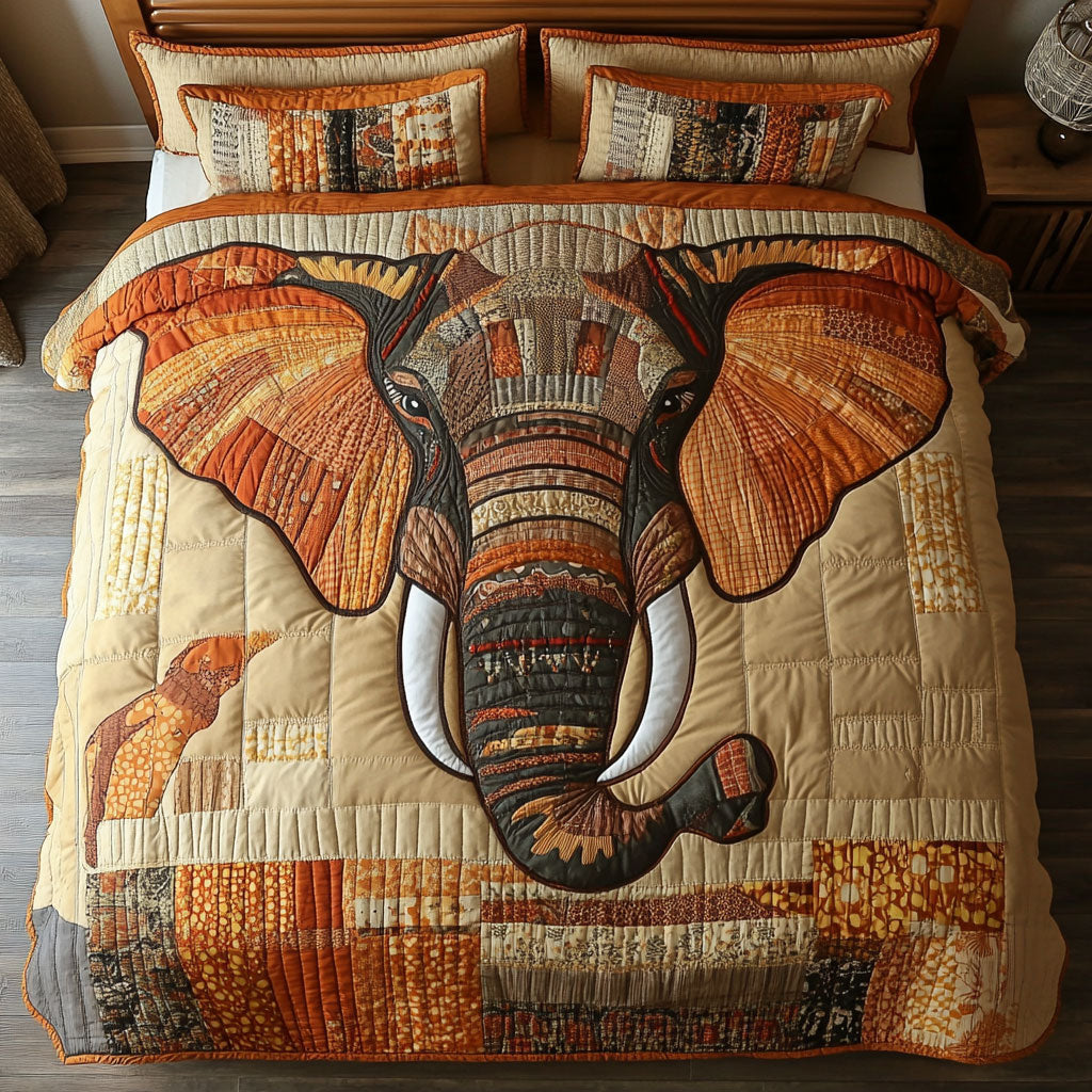 Brown Patchwork Elephant WY1302067CL Quilted Bedding Set