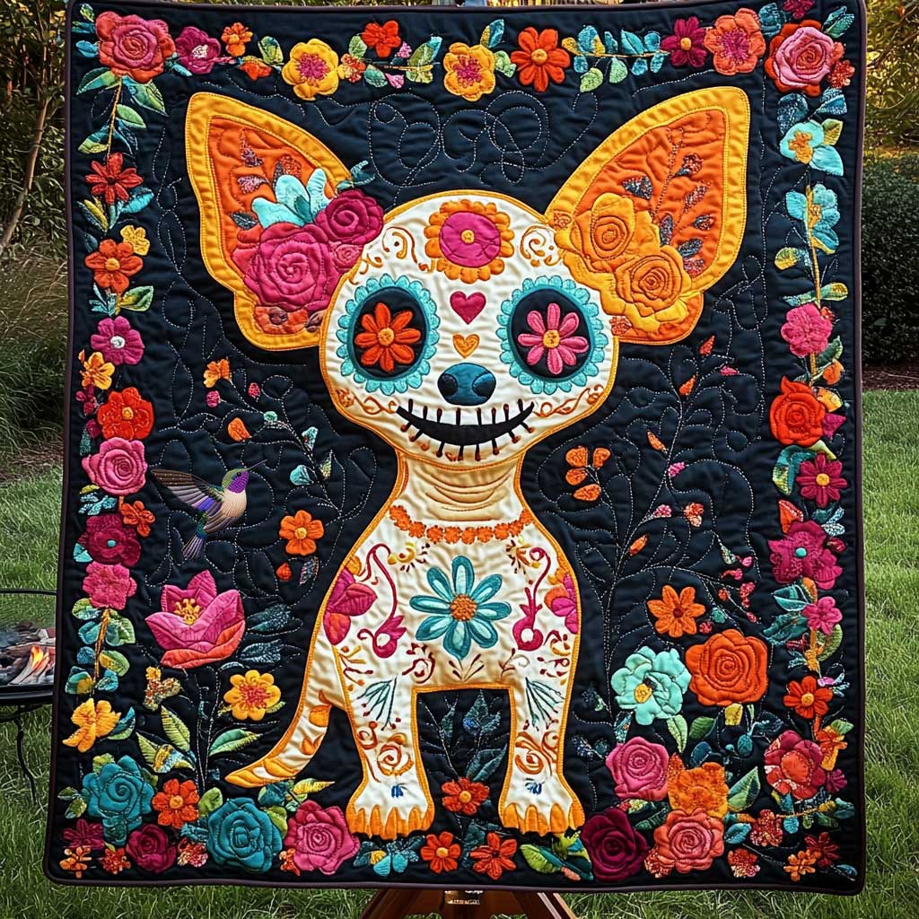 Chihuahua Bones And Blooms WN0910068CL Quilt Blanket