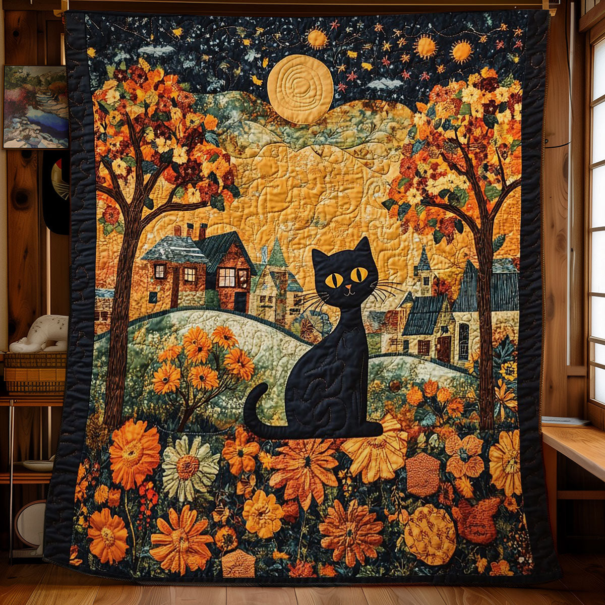 Cat In Autumn Night WY1002026CL Quilt Blanket
