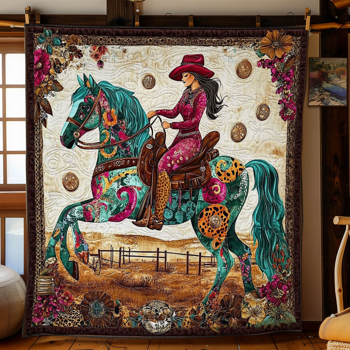 Vibrant Cowboy Riding Horse WY2201086CL Quilt Blanket