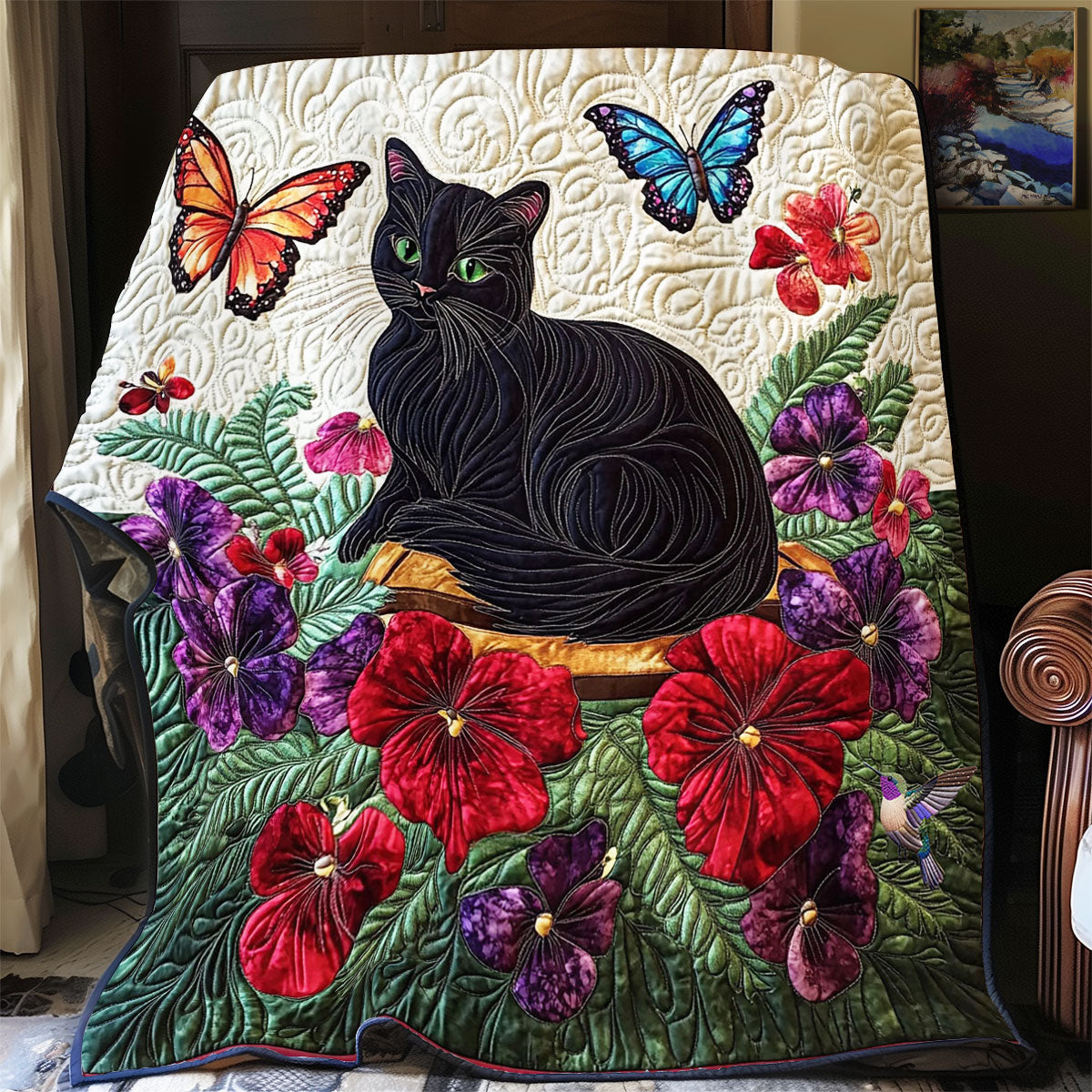 Black Cat In Garden WY2712009CL Quilt Blanket