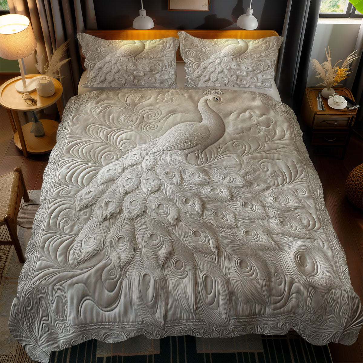 Majestic White Peacock WN1002071CL Quilted Bedding Set