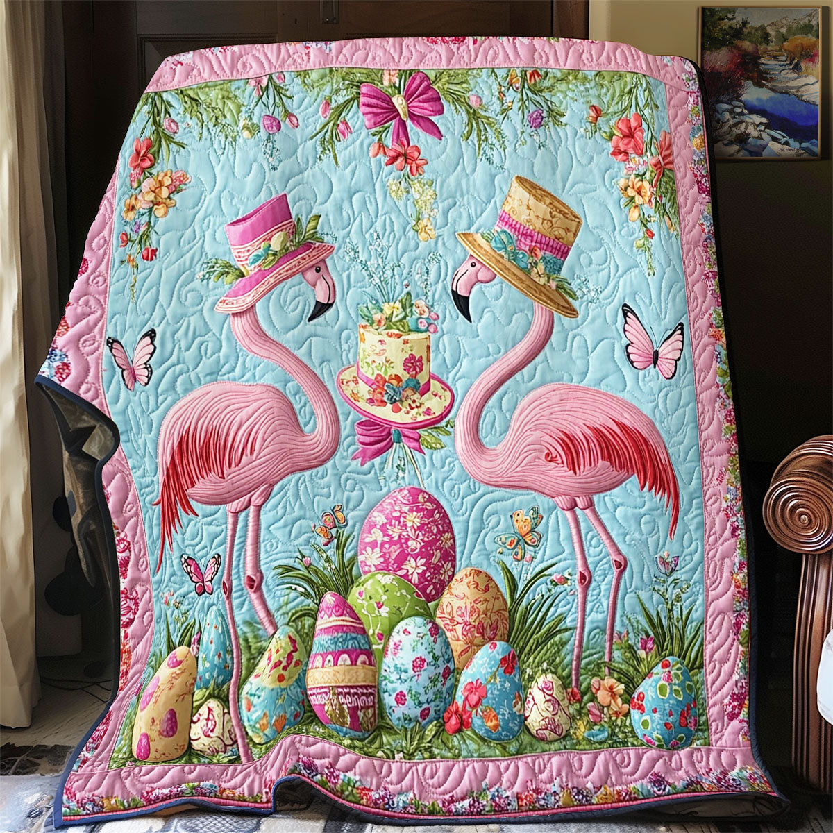 Easter Egg Flamingo WY2001074CL Quilt Blanket