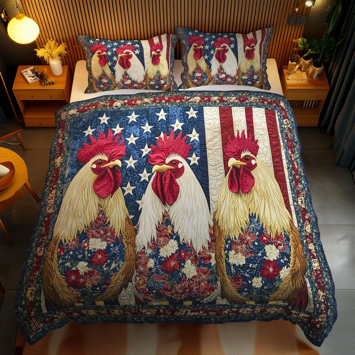 Patriotic Rooster WN1002076CL Quilted Bedding Set