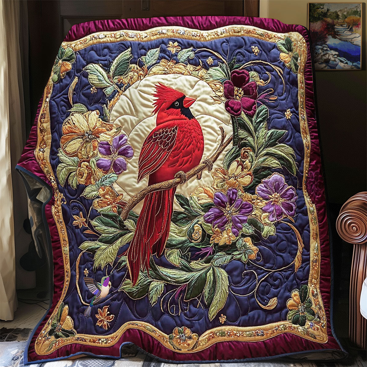 Cardinal In Flower Wreath WY2312012CL Quilt Blanket