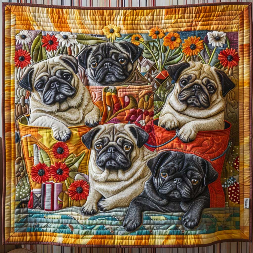 Flower Garden Pug WP1009025CL Quilt Blanket