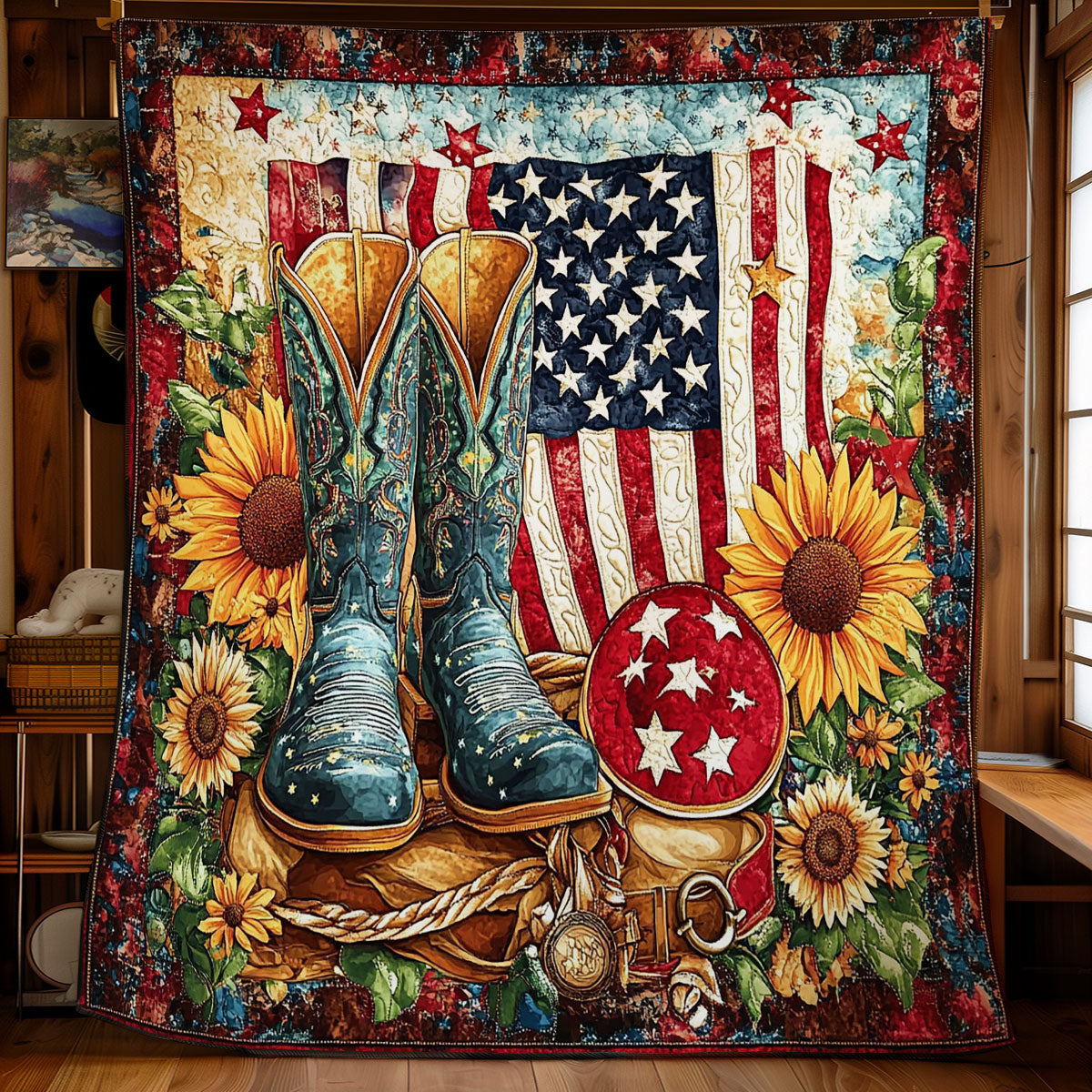 Cowboy Boots In Sunflower Garden WY2201058CL Quilt Blanket