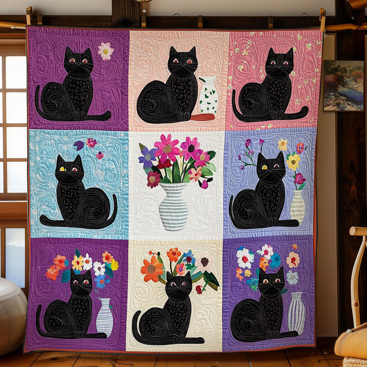 Black Cat And Vase WY1001106CL Quilt Blanket