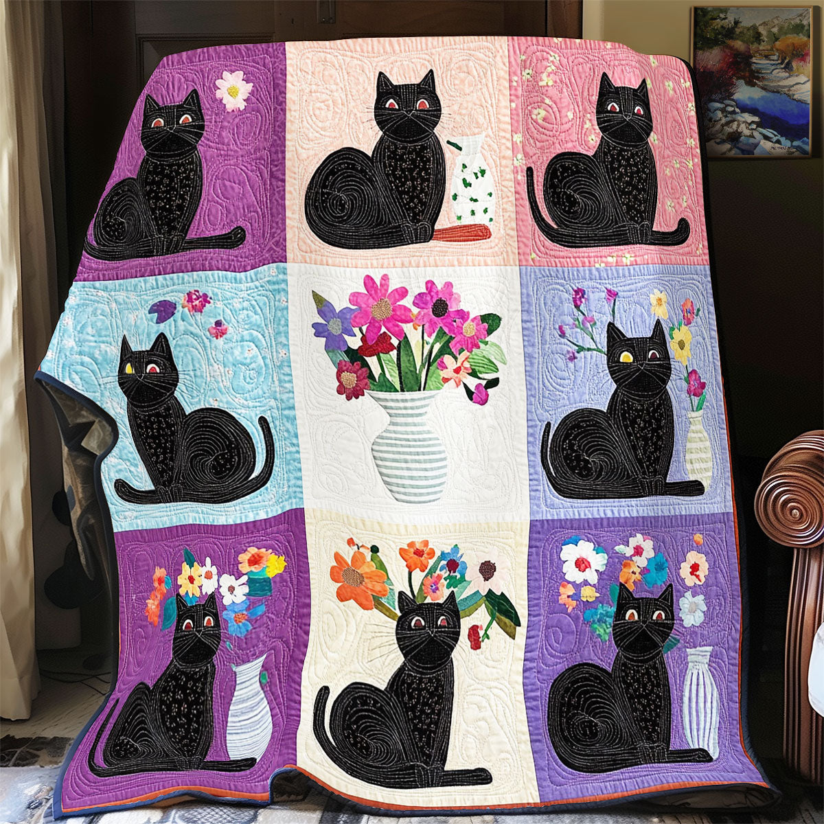 Black Cat And Vase WY1001106CL Quilt Blanket
