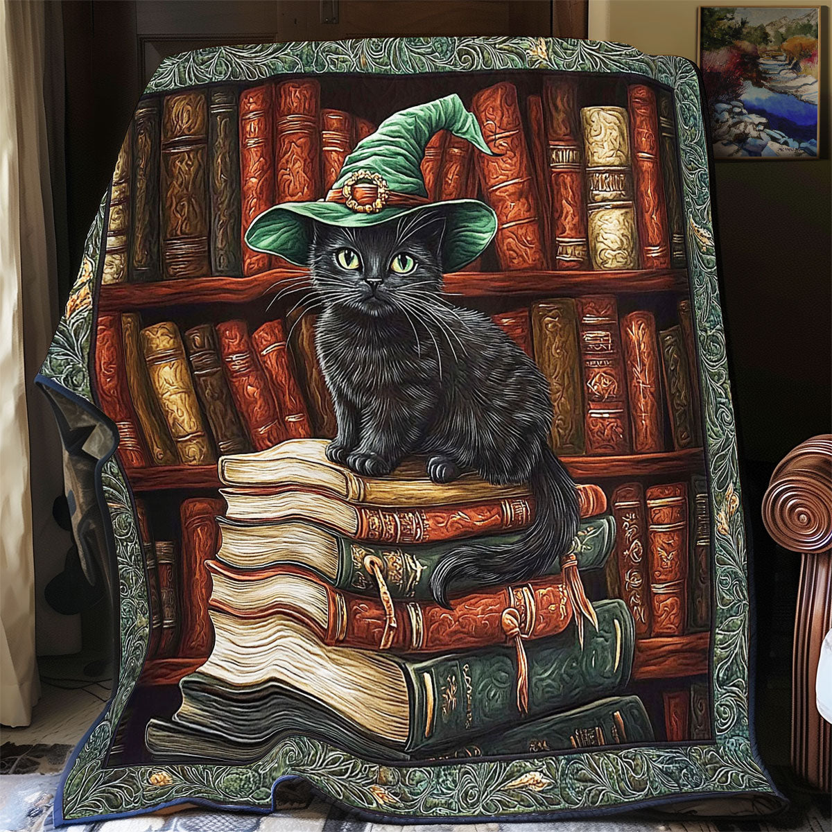 Black Cat In Library WY1001107CL Quilt Blanket