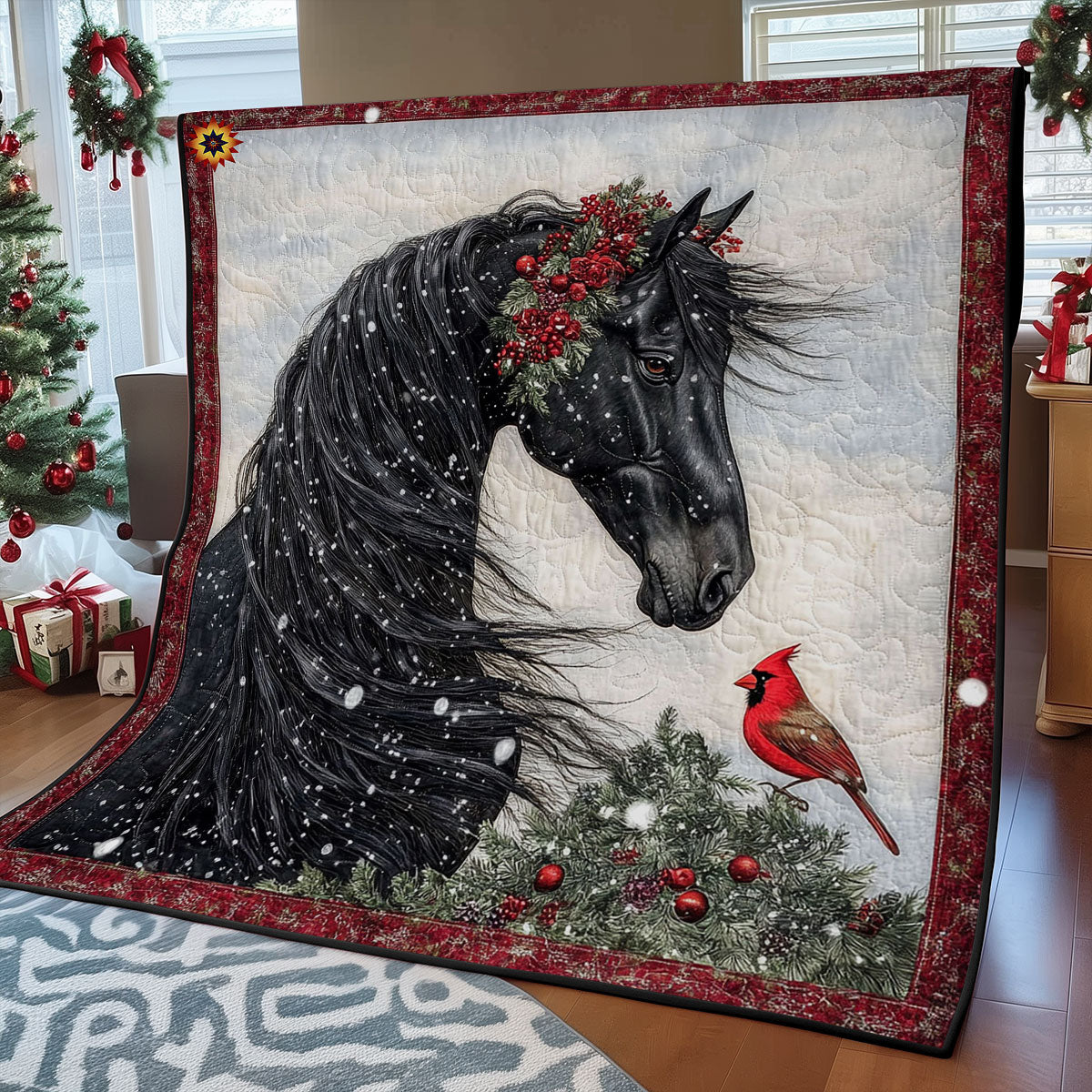 Black Horse And Cardinal WY2311070CL Quilt Blanket