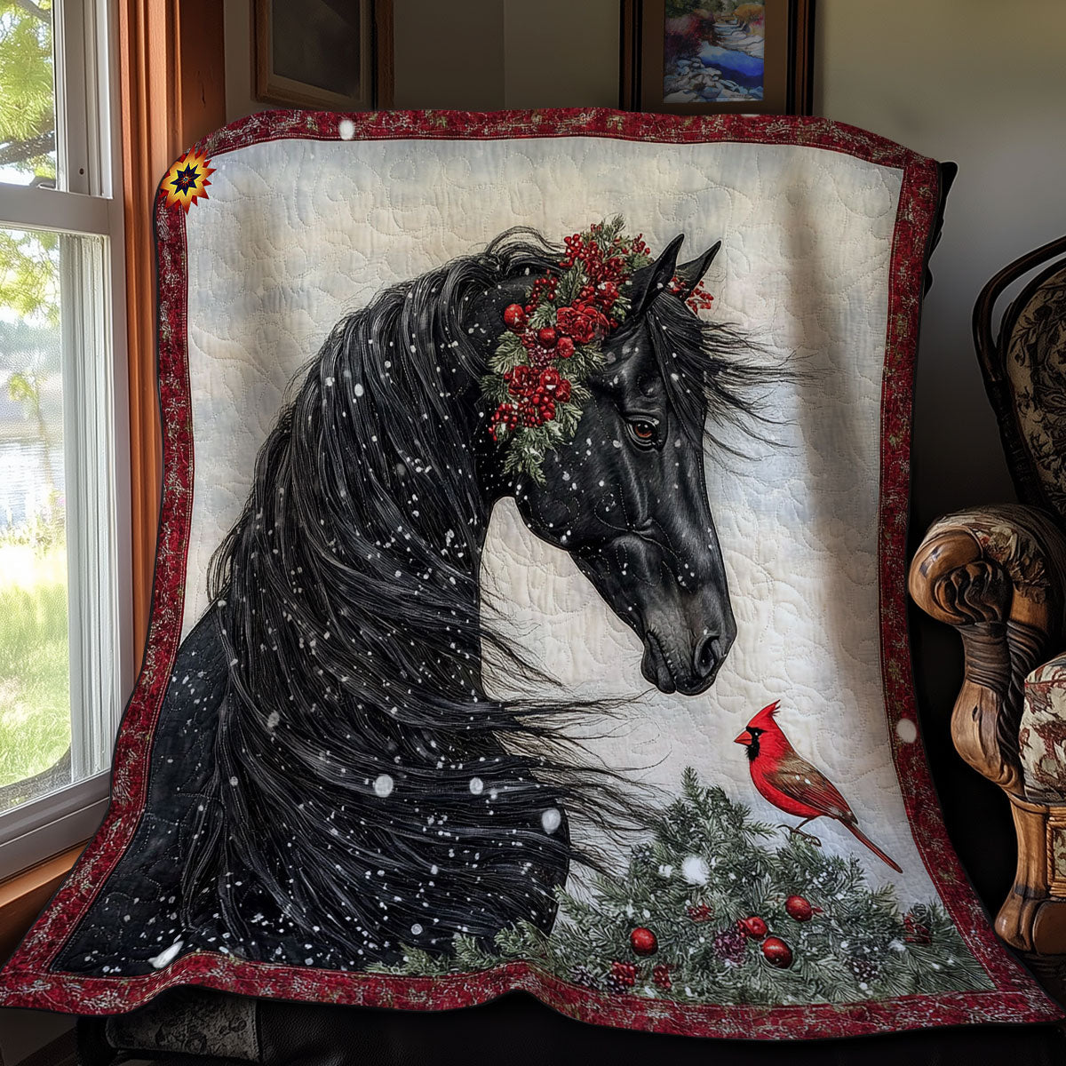 Black Horse And Cardinal WY2311070CL Quilt Blanket