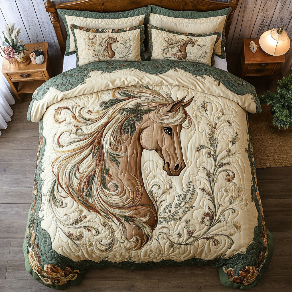 Floral Brown Horse WX1002027CL Quilted Bedding Set