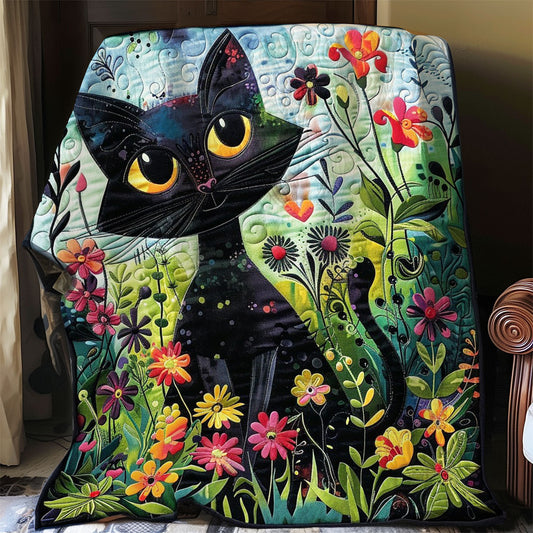 Black Cat And Flowers WO2408021CL Quilt Blanket
