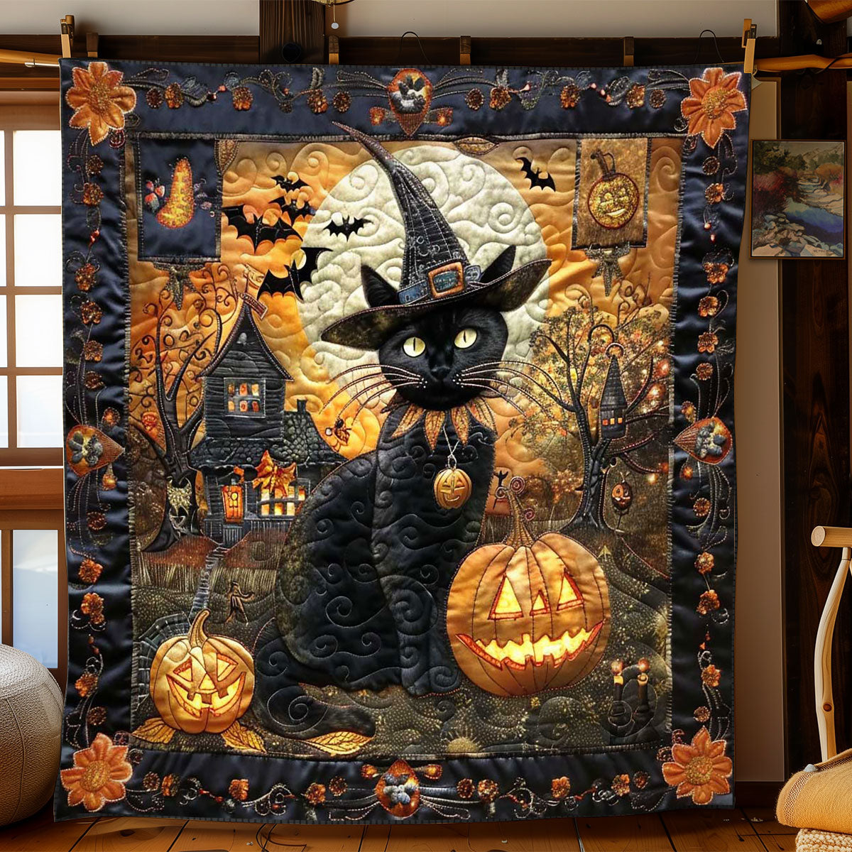 Creepy Cat and Pumpkin WN1908100CL Quilt Blanket