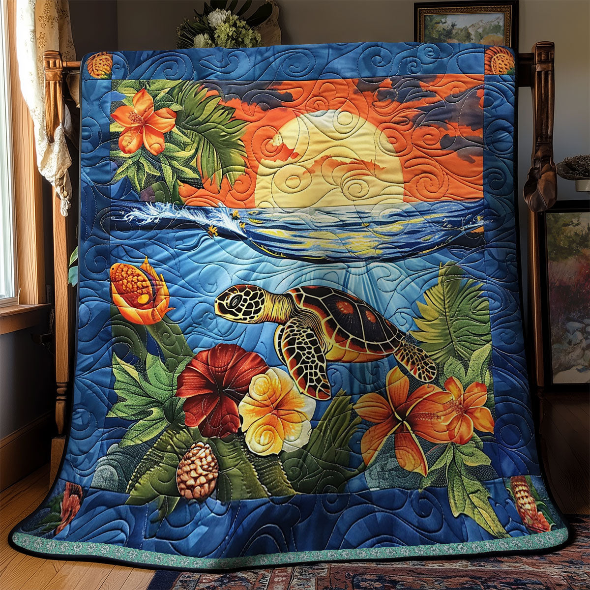 Turtle Hibiscus Sunset WN1709053CL Quilt Blanket