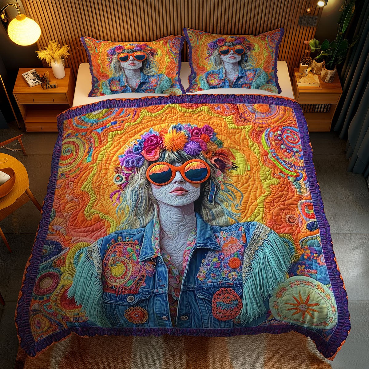Flower Child Hippie Girl WN1102056CL Quilted Bedding Set