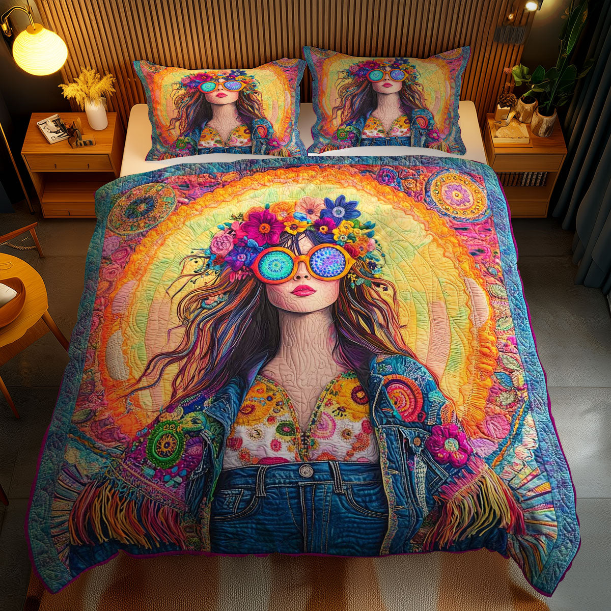 Peace And Love Hippie Girl WN1102069CL Quilted Bedding Set