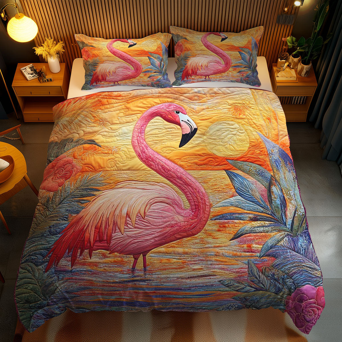 Sunset Flamingo WN1102082CL Quilted Bedding Set
