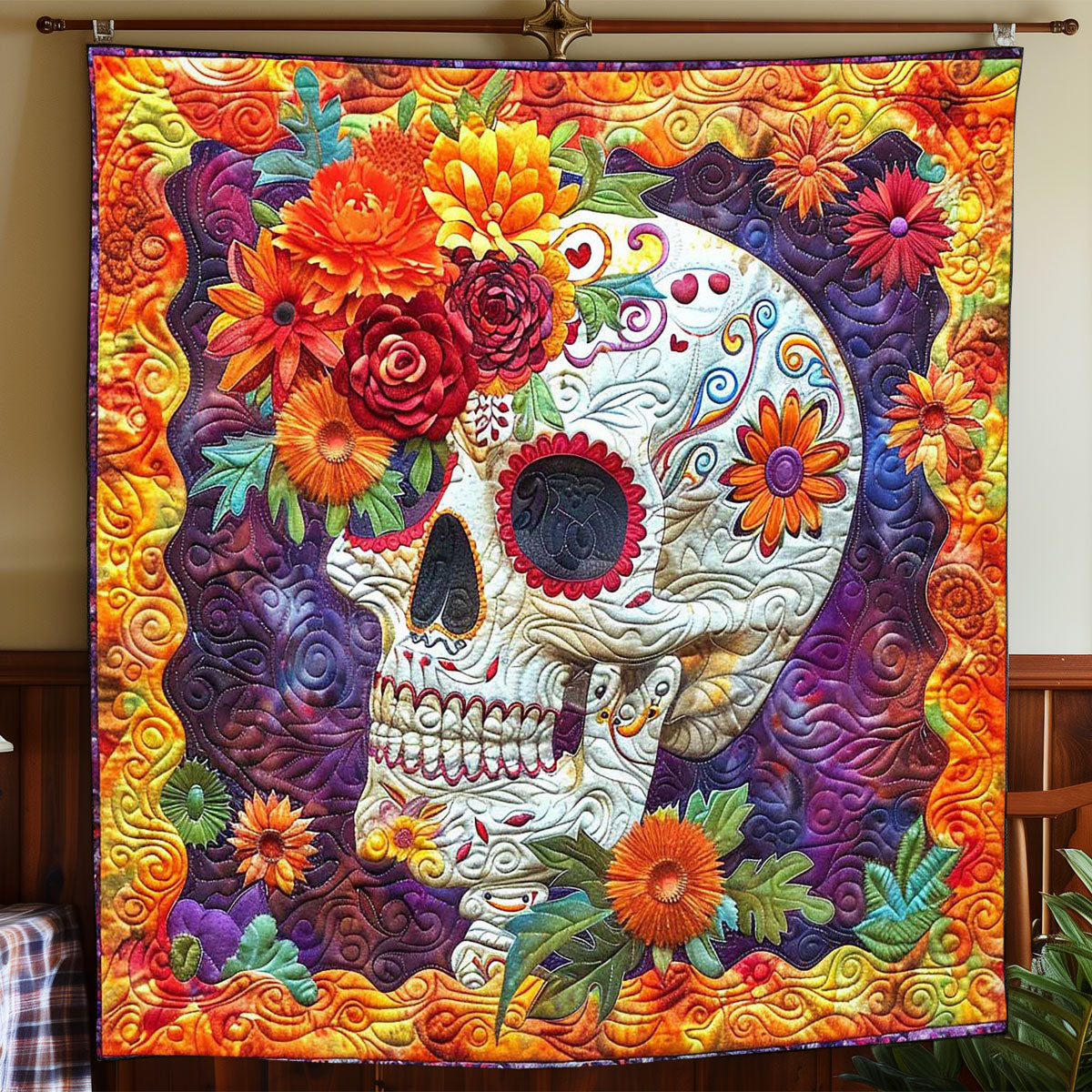 Sugar Skull Marigold WP1008024CL Quilt Blanket