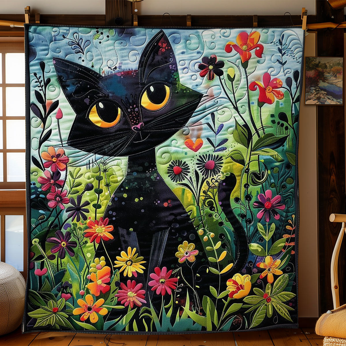 Black Cat And Flowers WO2408021CL Quilt Blanket