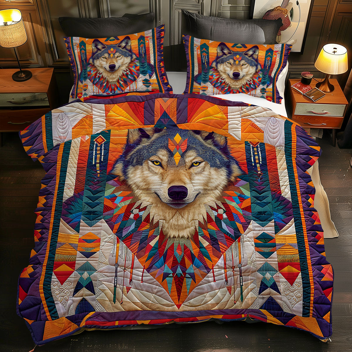 Native American Wolf XR1605014CL Quilted Bedding Set