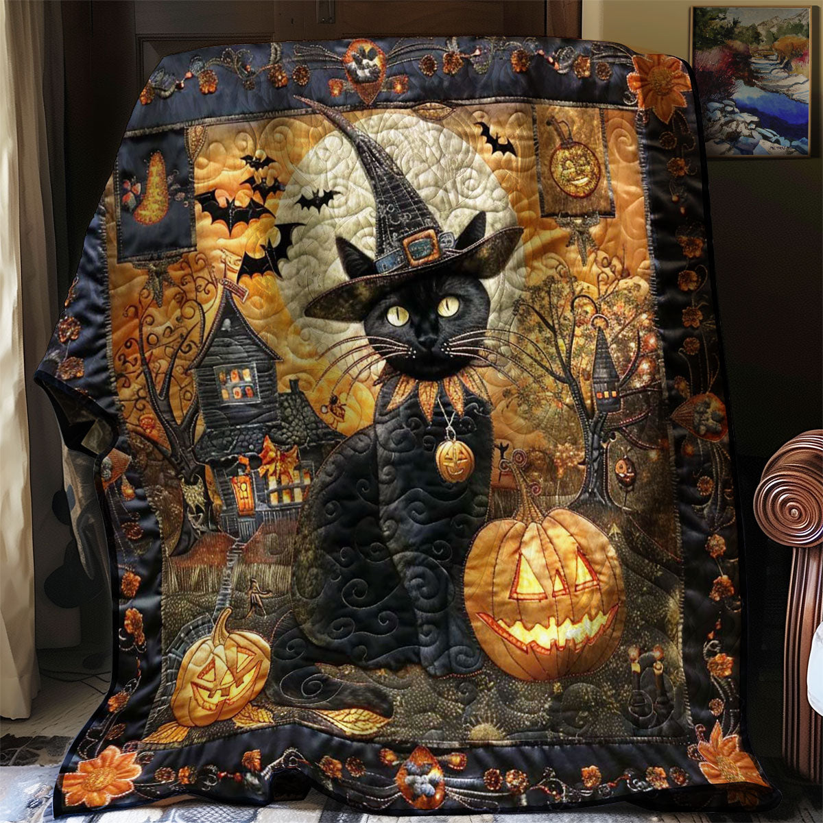 Creepy Cat and Pumpkin WN1908100CL Quilt Blanket
