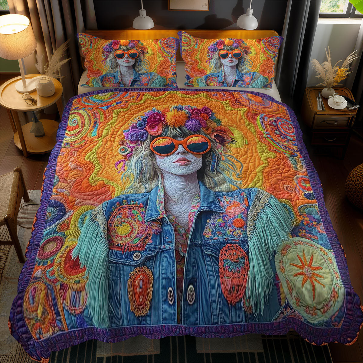 Flower Child Hippie Girl WN1102056CL Quilted Bedding Set