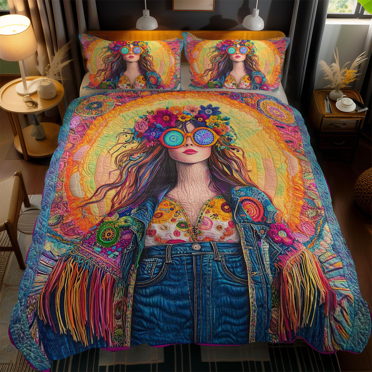Peace And Love Hippie Girl WN1102069CL Quilted Bedding Set