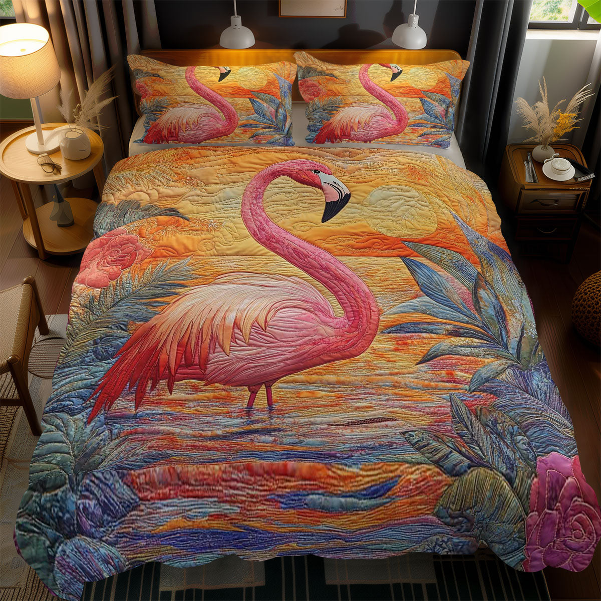 Sunset Flamingo WN1102082CL Quilted Bedding Set