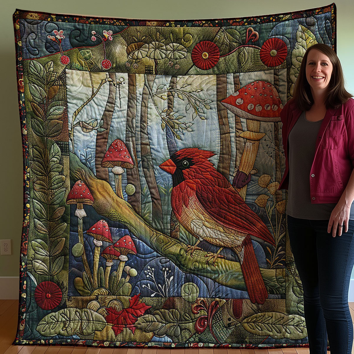 Cardinal And Mushroom WM2907001CL Quilt Blanket