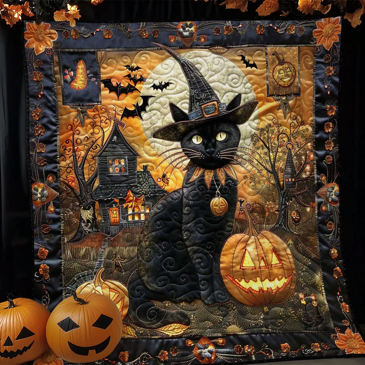 Creepy Cat and Pumpkin WN1908100CL Quilt Blanket