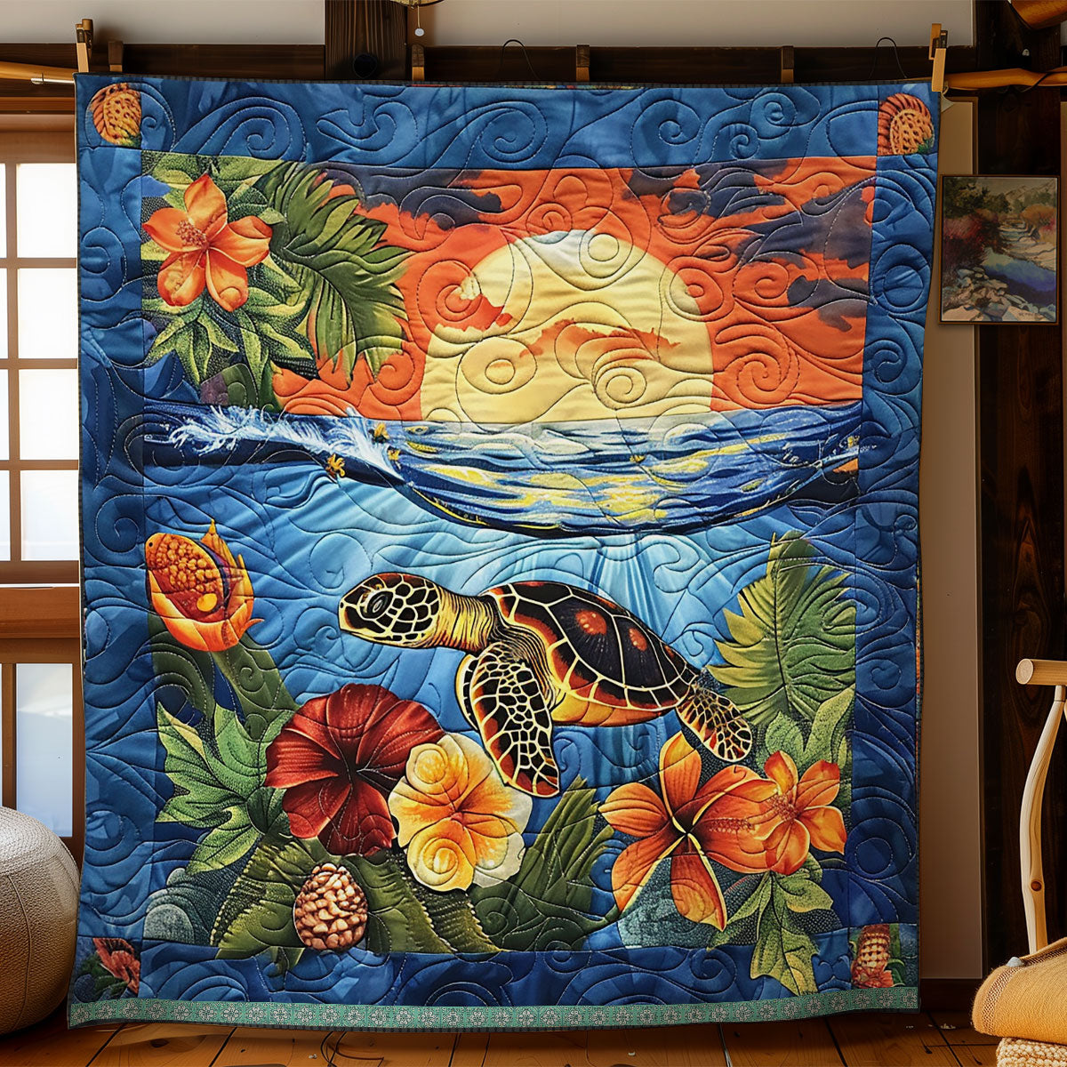 Turtle Hibiscus Sunset WN1709053CL Quilt Blanket
