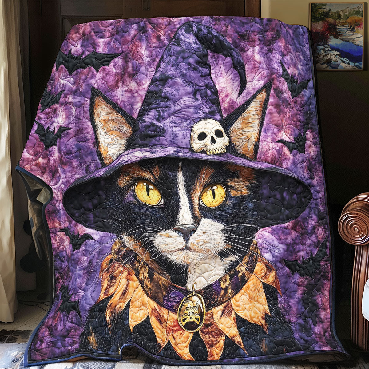 Purple Witch Hat Cat WY1001201CL Quilt Blanket