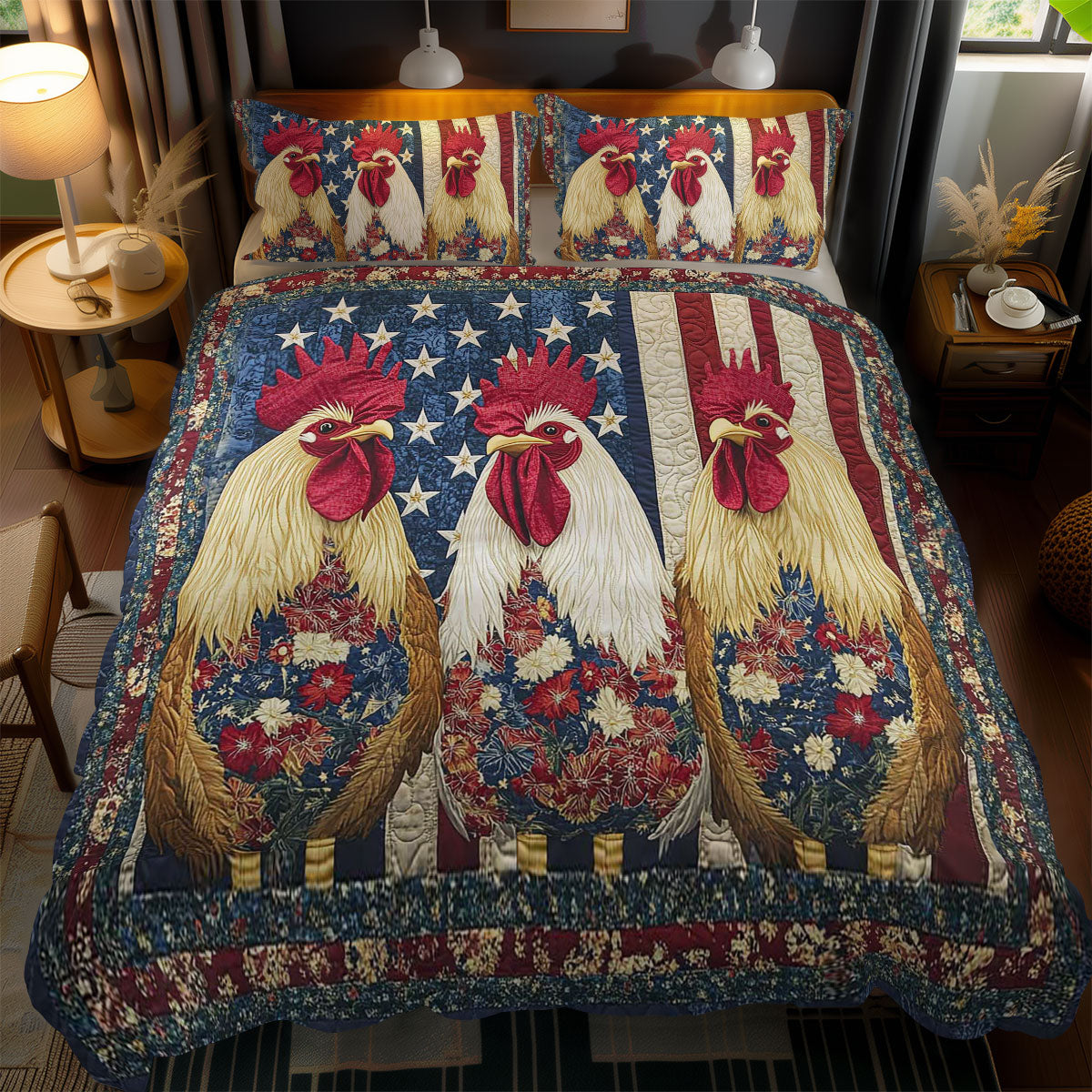 Patriotic Rooster WN1002076CL Quilted Bedding Set