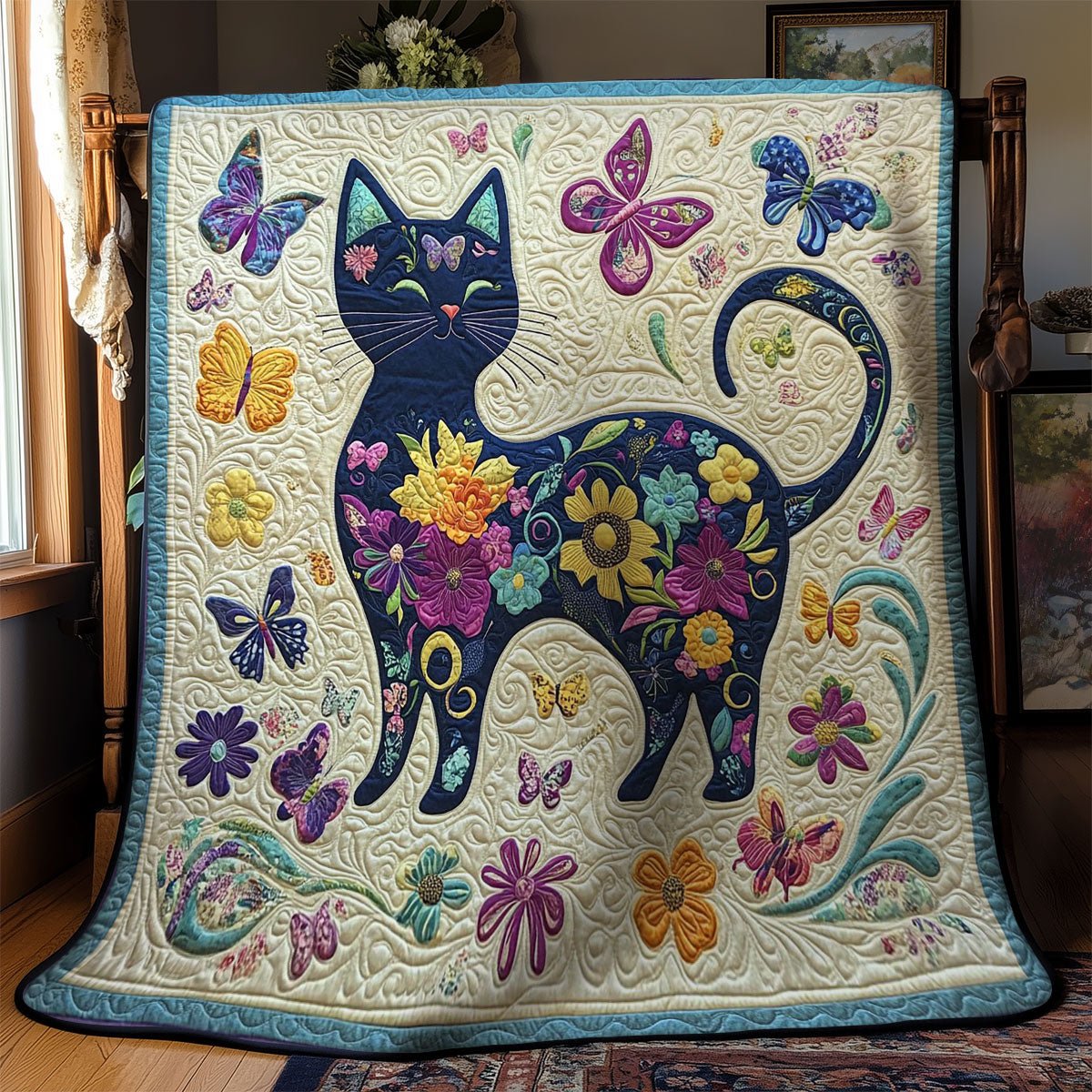 Cat In Flower Garden WY1002029CL Quilt Blanket