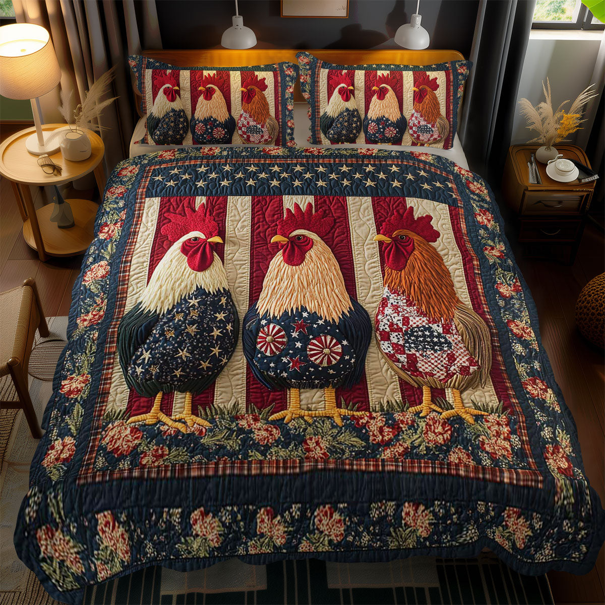 Stars And Stripes Rooster WN1002082CL Quilted Bedding Set