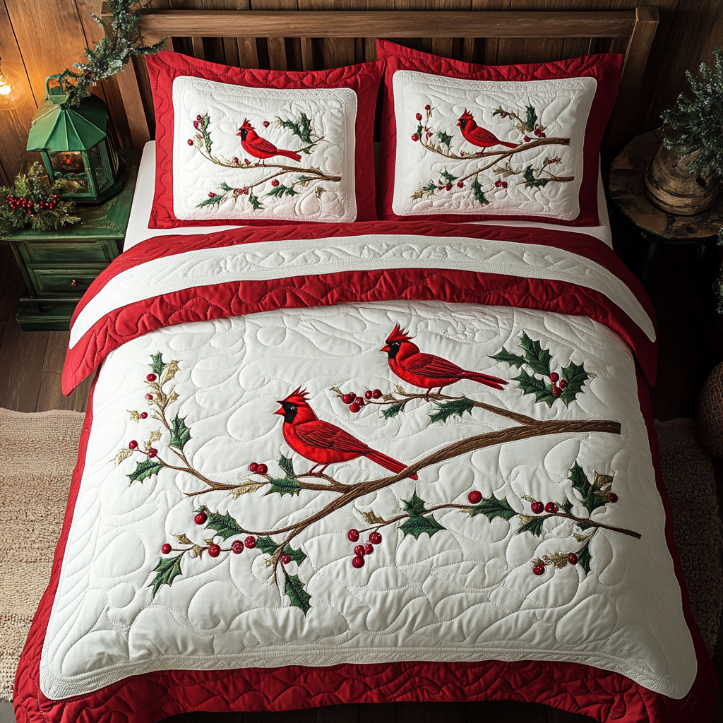 Red Berries And Cardinals XR1902007CL Quilted Bedding Set
