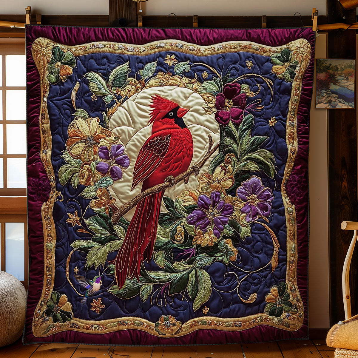 Cardinal In Flower Wreath WY2312012CL Quilt Blanket