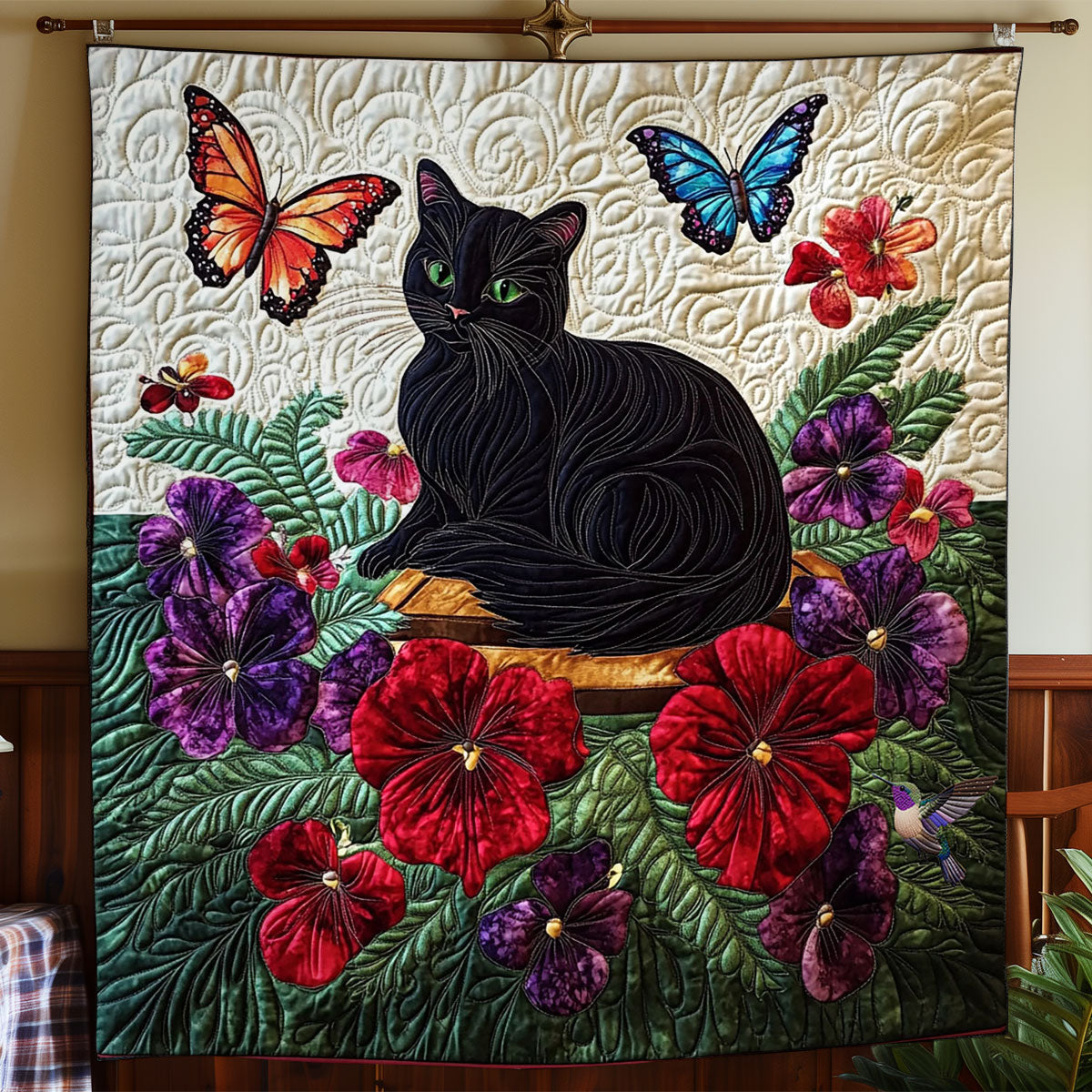 Black Cat In Garden WY2712009CL Quilt Blanket