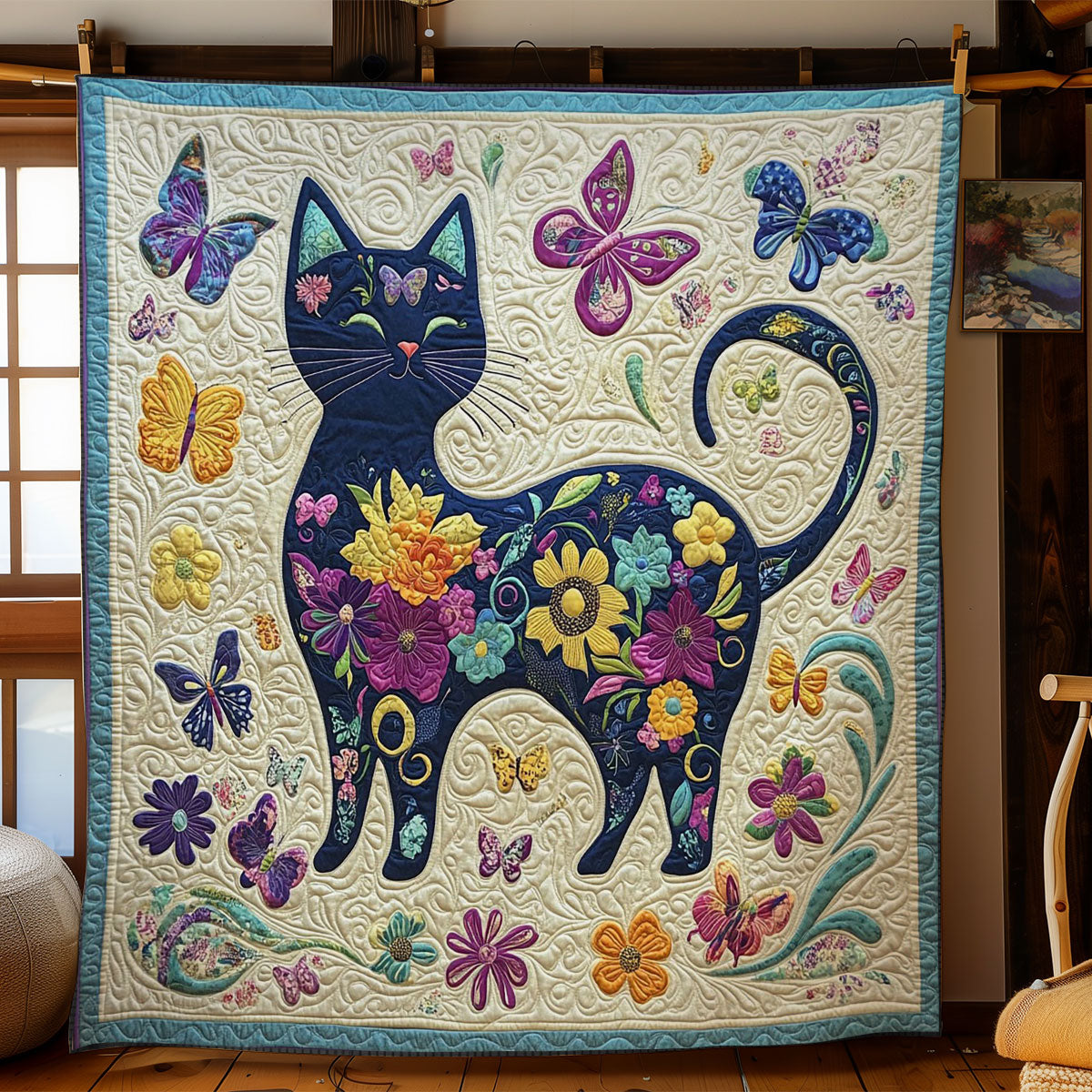 Cat In Flower Garden WY1002029CL Quilt Blanket